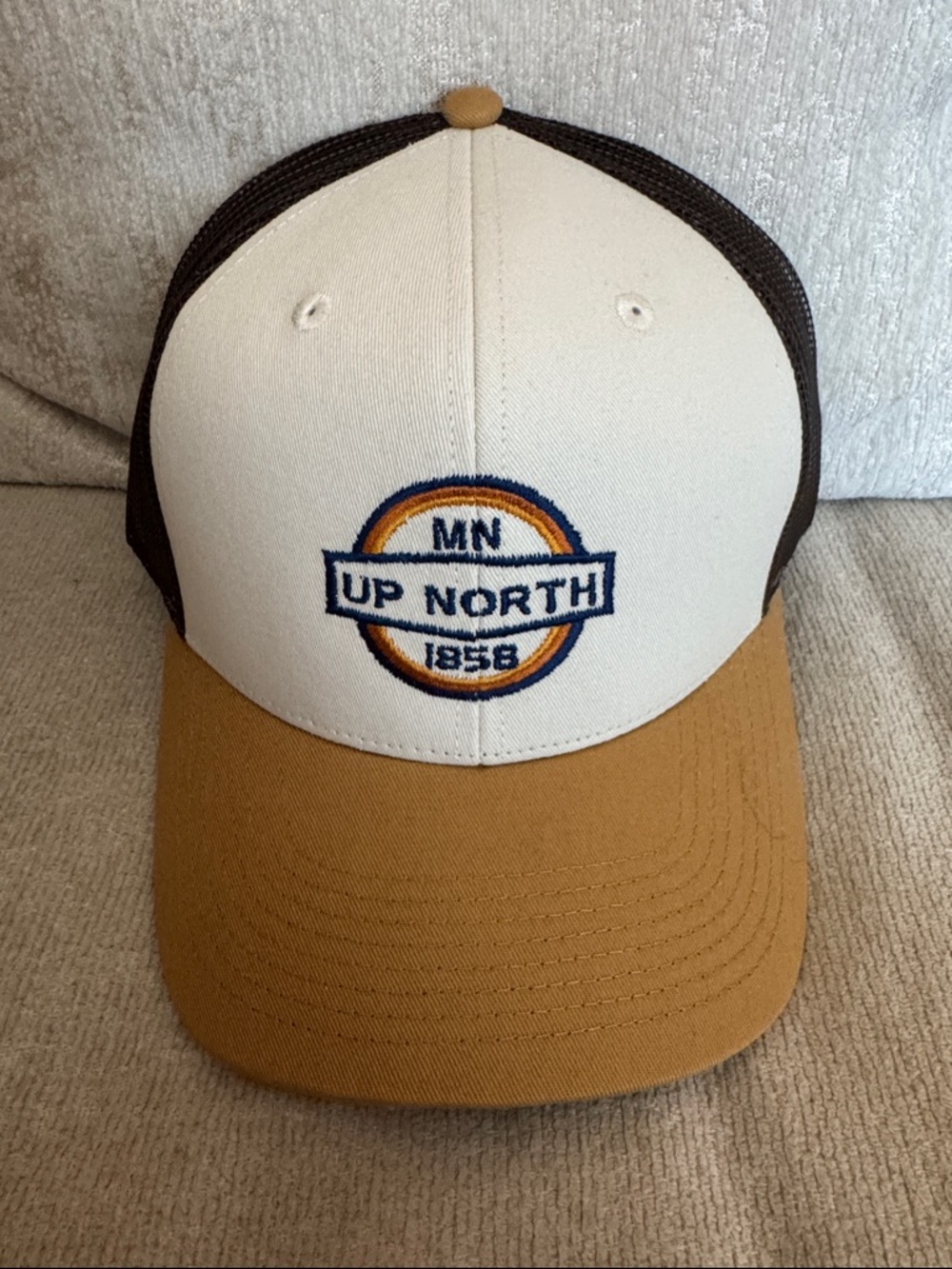 Up North MN Embroidered Trucker Hat in Cream & Brown